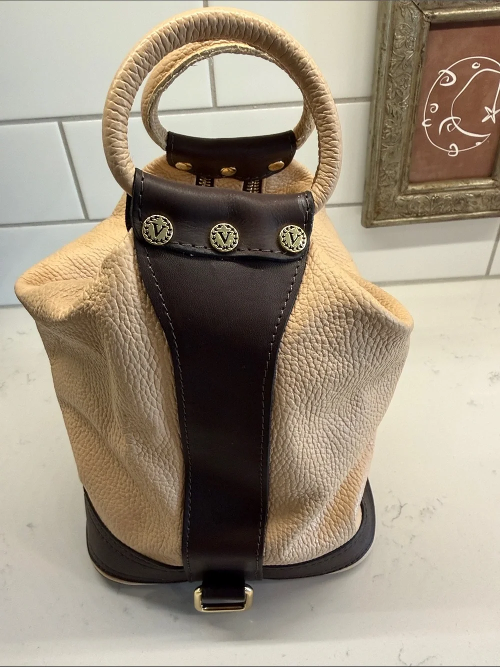 Valentina  Beige and Dark Brown Leather Mini Backpack / Bag